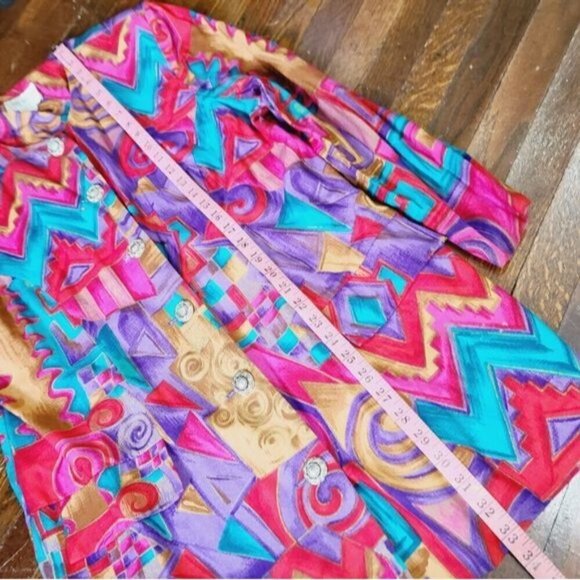 Vintage 90s Colorful Artsy Blazer / Eclectic Funky Neon Pink Red - Picture 11 of 12